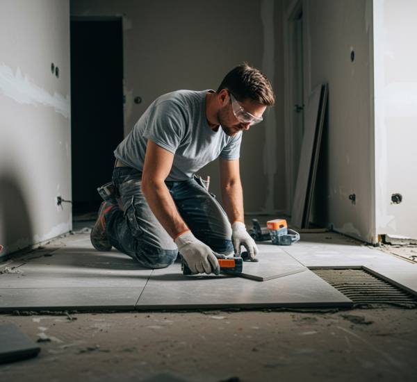 imagen2 "Trabajador de la construcción colocando azulejos en el suelo de una cocina moderna, con guantes y gafas de seguridad, en un entorno de renovación profesional."