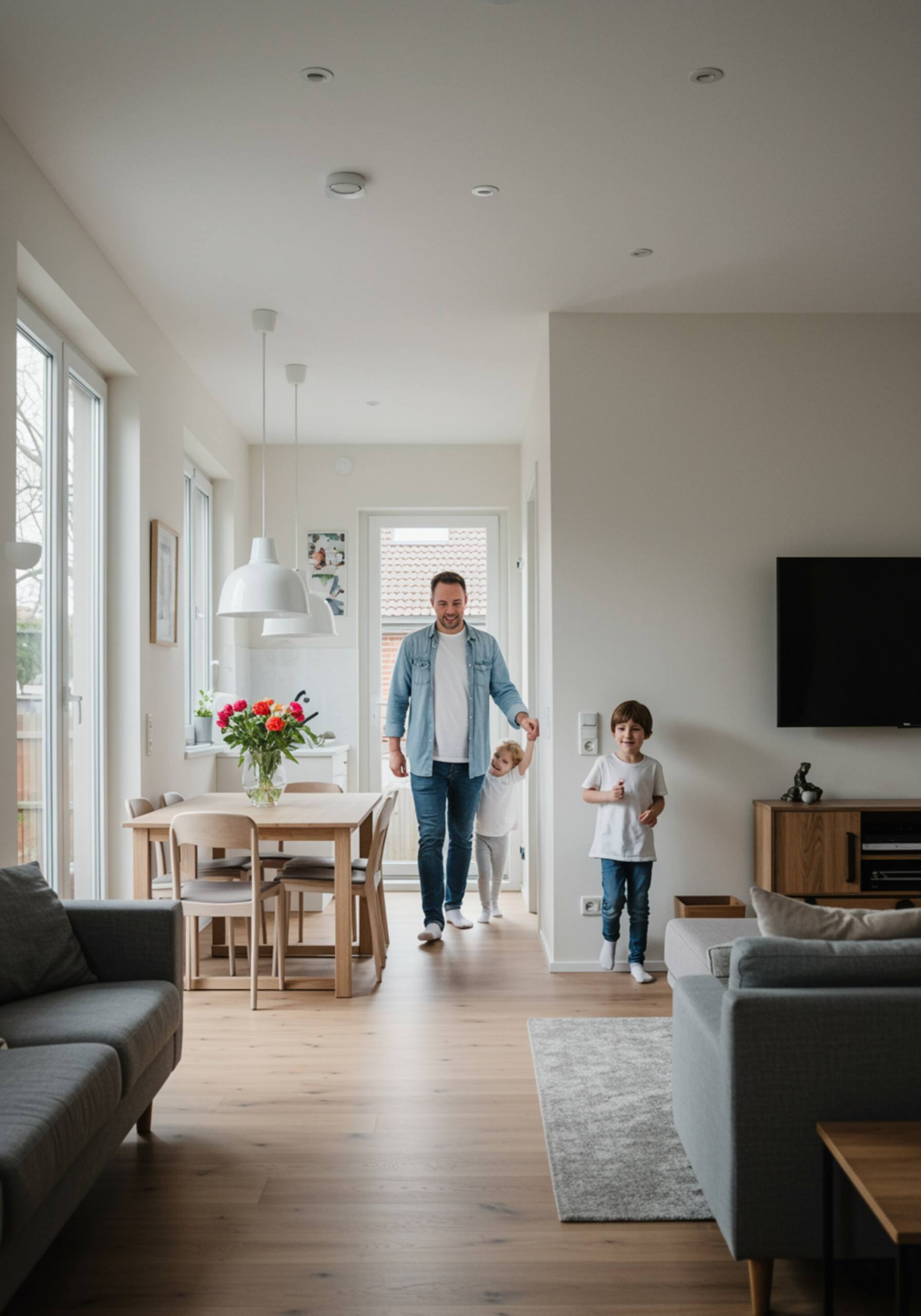 "Espacio de vida renovado con cocina y sala integradas, familia disfrutando de un diseño moderno y luminoso en tonos cálidos."