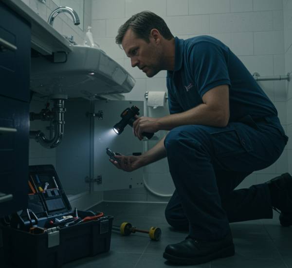 slider "Técnico en mantenimiento inspeccionando tuberías de plomería bajo un lavabo de baño impecable, con caja de herramientas organizada, reflejando experiencia técnica y cuidado meticuloso."